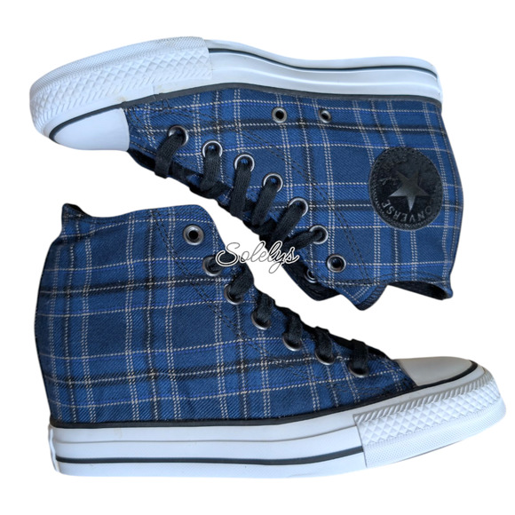 Converse CTAS 2015 Lux Mid Hidden Wedge Blue Black Plaid Tartan Sneaker RARE 7 - Picture 9 of 11